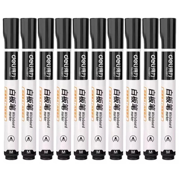 DELI 6817 10-Pack Whiteboard Pens Water-Based 1.8mm Tip Erasable Markers for Writing - Black - 1