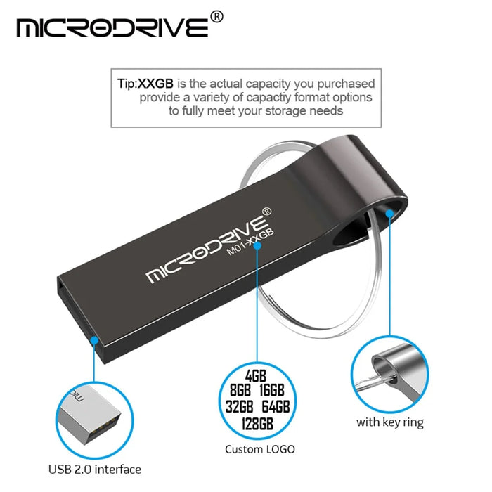 MICRODRIVE 128GB Metal Thumb Memory Stick USB 2.0 Flash Drive with Key Ring - Silver - 3