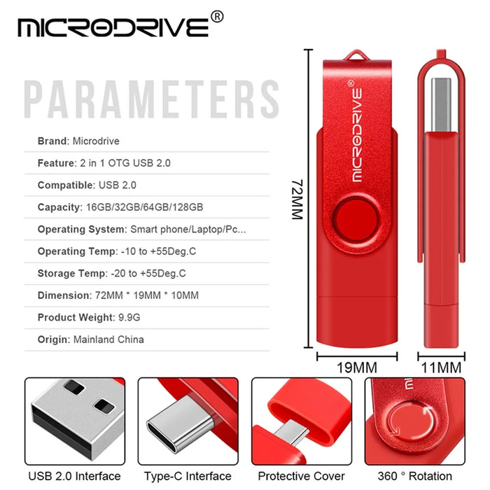 MICRODRIVE USB 2.0 + Type-C 2-in-1 Metal Flash Drive Rotating OTG 32GB USB Memory Stick - Black - 5