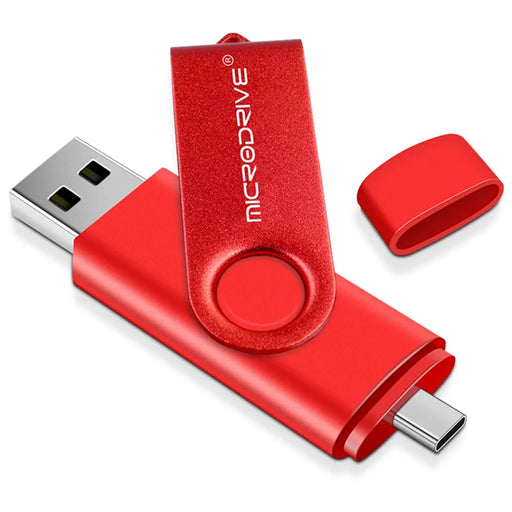 MICRODRIVE 64GB Rotating Metal Flash Drive OTG USB 2.0 / Type-C 2-in-1 USB Memory Stick - Red - 1