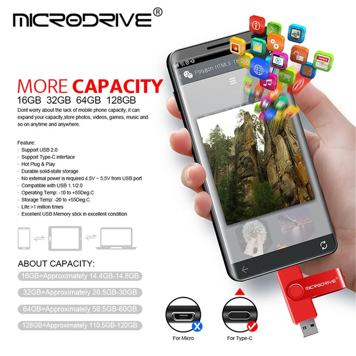 MICRODRIVE 64GB Rotating Metal Flash Drive OTG USB 2.0 / Type-C 2-in-1 USB Memory Stick - Red - 2
