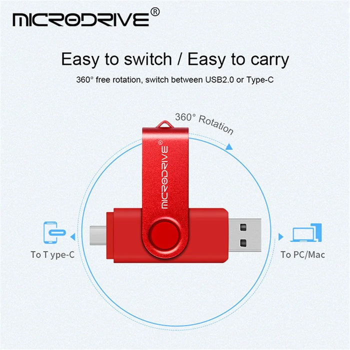 MICRODRIVE 64GB Rotating Metal Flash Drive OTG USB 2.0 / Type-C 2-in-1 USB Memory Stick - Red - 3