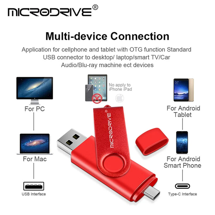 MICRODRIVE 64GB Rotating Metal Flash Drive OTG USB 2.0 / Type-C 2-in-1 USB Memory Stick - Red - 4