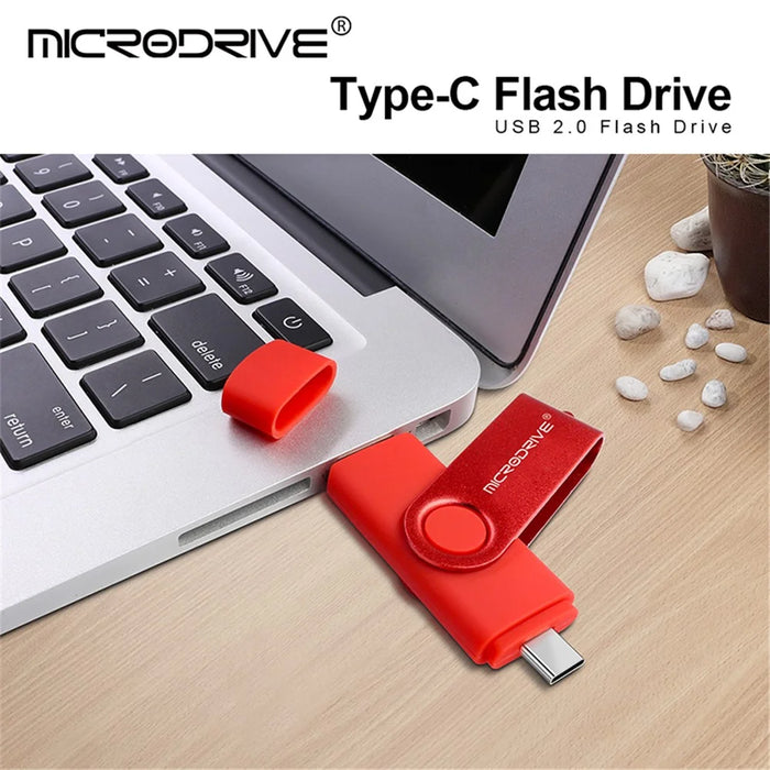 MICRODRIVE 64GB Rotating Metal Flash Drive OTG USB 2.0 / Type-C 2-in-1 USB Memory Stick - Red - 6