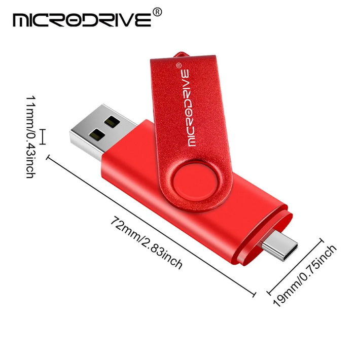MICRODRIVE 64GB Rotating Metal Flash Drive OTG USB 2.0 / Type-C 2-in-1 USB Memory Stick - Red - 7