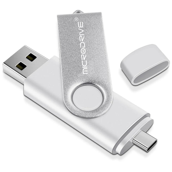 MICRODRIVE 8GB 2-in-1 USB 2.0 / Type-C OTG Flash Drive Metal Rotating USB Memory Stick - White - 1
