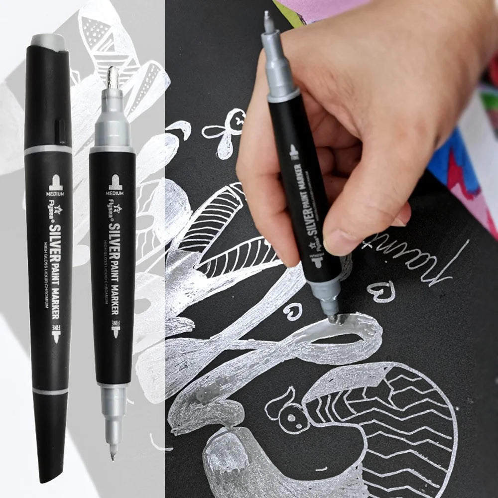 FLYSEA FS-747 Silver Marker Pen 3.0mm 0.7mm Dual Tips Paint Pen for Glass Pebble Plastic - 2
