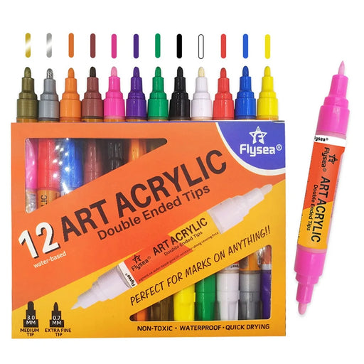 FLYSEA FS-973 12Pcs / Box Acrylic Markers Paint Pens 3.0mm 0.7mm Dual Tips Water-Based Color Pens - Orange Packing - 1