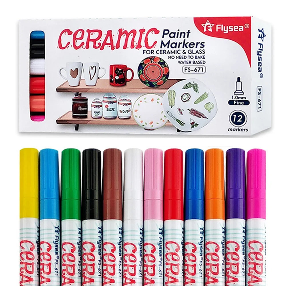 FLYSEA FS-671 12Pcs / Box Paint Pens for Ceramic Glass DIY Arts Crafts Marker Pens 1.0mm Fine Tip - 7