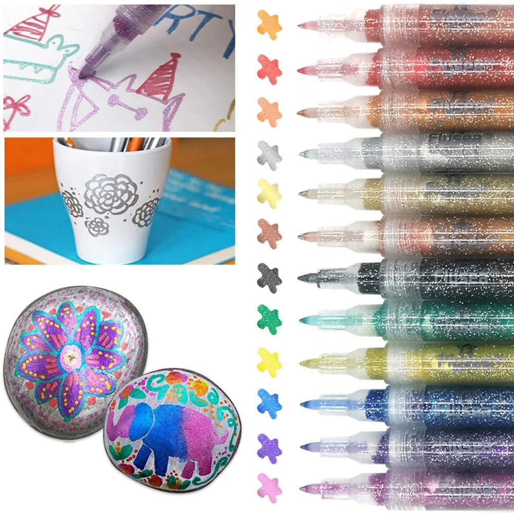 FLYSEA GM-30 12Pcs / Box Sparkling Glitter Markers Water-Based Acrylic Paint Pens Set DIY Craft - 4