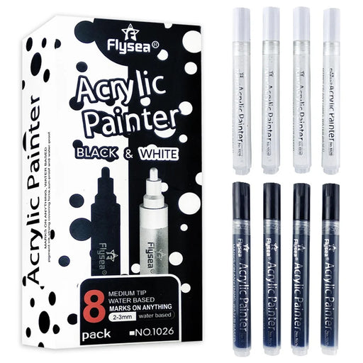 FLYSEA 1026 8Pcs / Box Acrylic Paint Pens Black and White Pens Set DIY Painting (4Pcs Black + 4Pcs White) - 1