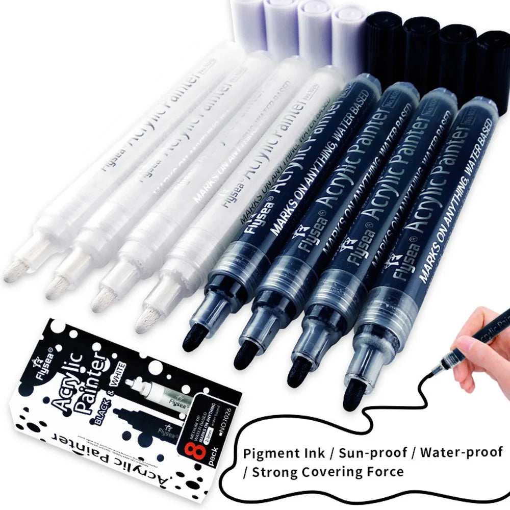 FLYSEA 1026 8Pcs / Box Acrylic Paint Pens Black and White Pens Set DIY Painting (4Pcs Black + 4Pcs White) - 2