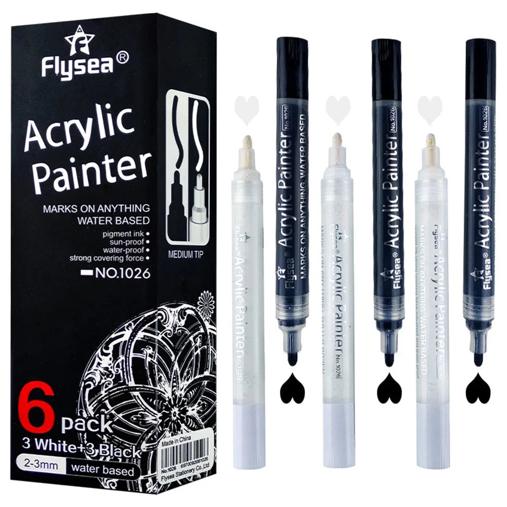 FLYSEA 1026 6Pcs / Box Black White Acrylic Paint Pens Ceramic Painting Markers (3Pcs Black + 3Pcs White) - 1