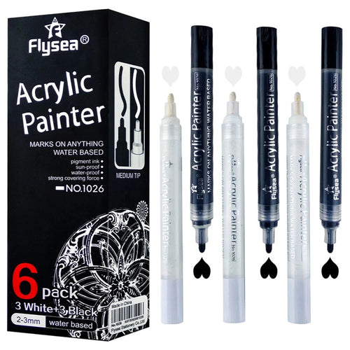 FLYSEA 1026 6Pcs / Box Black White Acrylic Paint Pens Ceramic Painting Markers (3Pcs Black + 3Pcs White) - 1