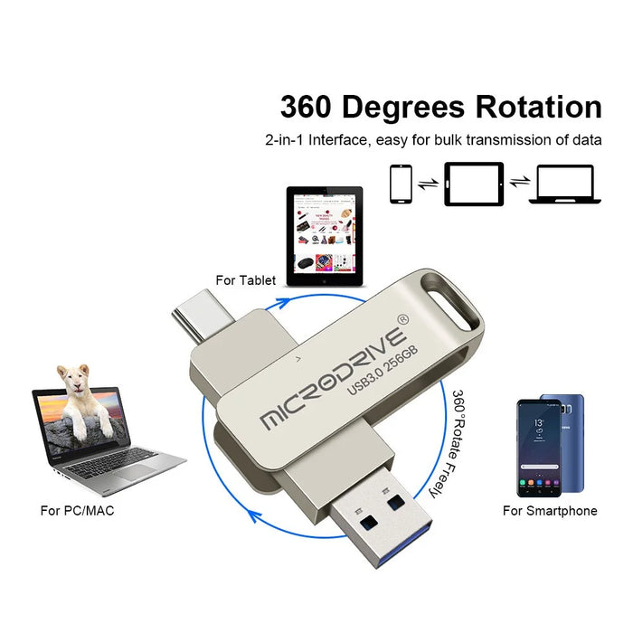 MICRODRIVE MDTU21 256GB Flash Drive 2-in-1 USB 3.0 + Type-C Rotating Metal U-Disk - 4