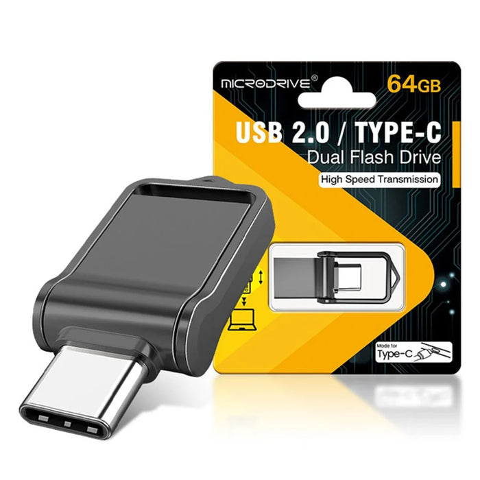 MICRODRIVE High Speed Mini Flash Drive USB 2.0 / Type-C 64GB Metal U-Disk - Black - 1