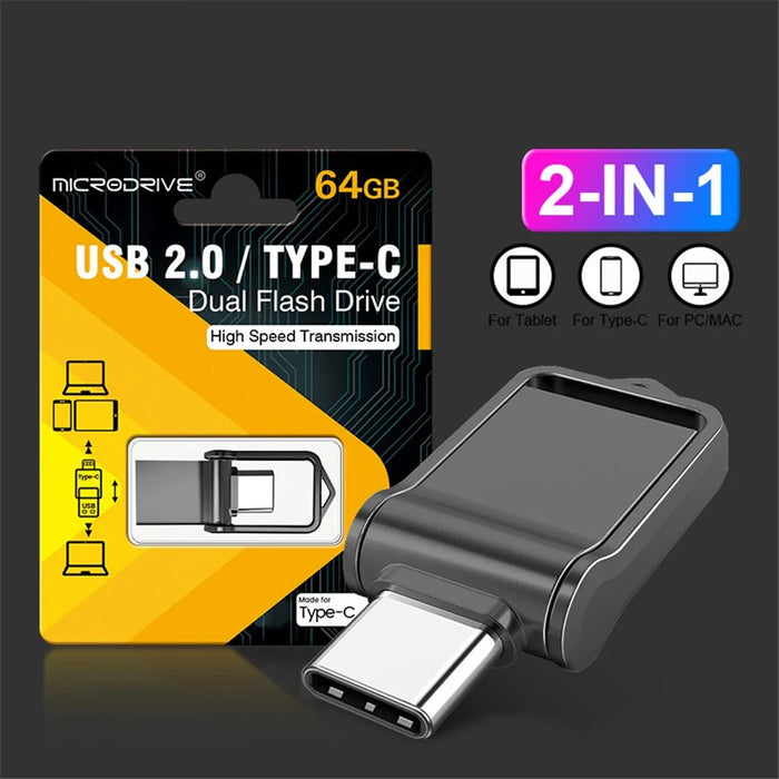 MICRODRIVE High Speed Mini Flash Drive USB 2.0 / Type-C 64GB Metal U-Disk - Black - 2