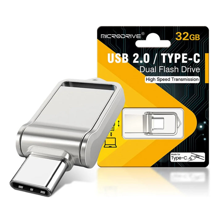 MICRODRIVE High Speed 32GB Flash Drive USB 2.0 / Type-C Mini Metal U-Disk - Silver - 1