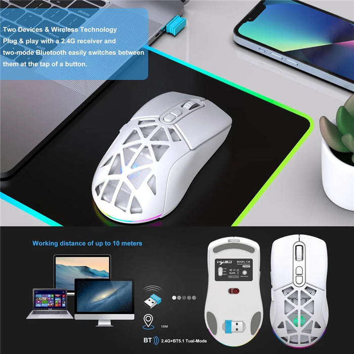 HXSJ T26  Wireless Mouse Bluetooth5.1 + 2.4Ghz Dual Modes 4800 DPI RGB Backlit Mouse - White - 2
