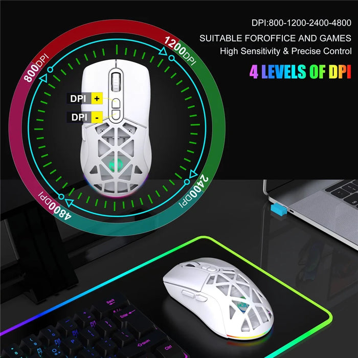 HXSJ T26  Wireless Mouse Bluetooth5.1 + 2.4Ghz Dual Modes 4800 DPI RGB Backlit Mouse - White - 3