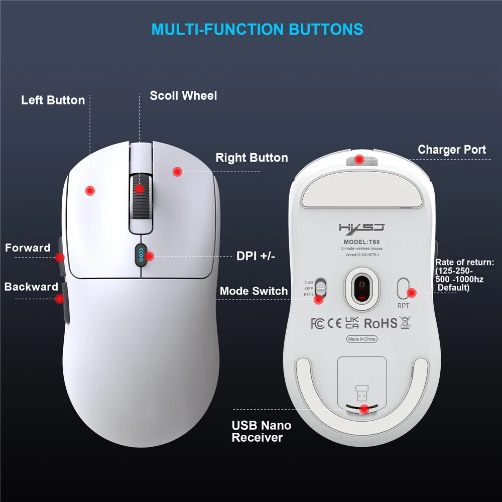 HXSJ T68 3-Mode Lightweight Gaming Mouse PAW-3311 6-Key Programmable TTC 12000DPI Wireless Mouse - White - 4