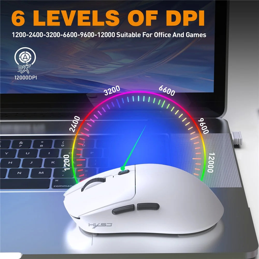 HXSJ T68 3-Mode Lightweight Gaming Mouse PAW-3311 6-Key Programmable TTC 12000DPI Wireless Mouse - White - 5