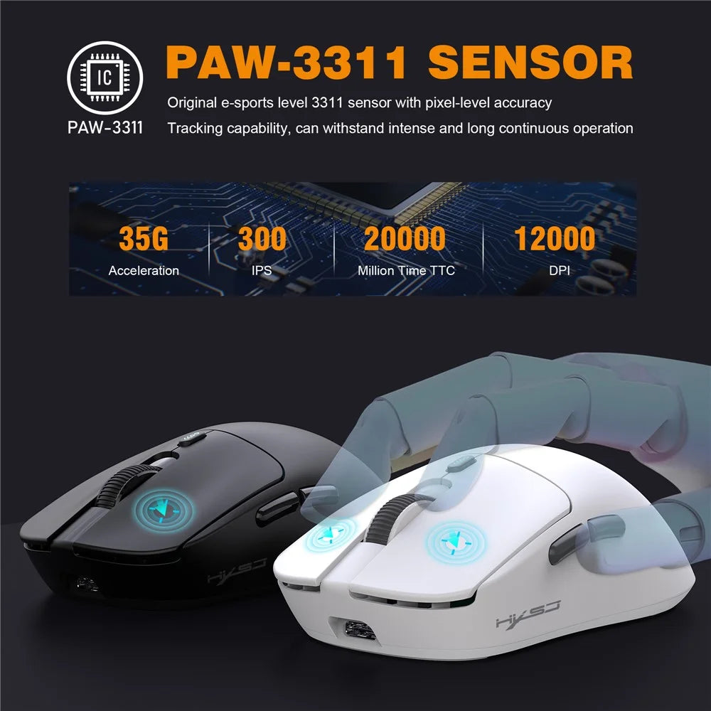 HXSJ T68 3-Mode Lightweight Gaming Mouse PAW-3311 6-Key Programmable TTC 12000DPI Wireless Mouse - White - 6