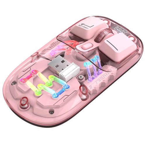 HXSJ T200 Wireless Bluetooth-compatible Mouse LED Rechargeable 2 Modes (Bluetooth-compatible + 2.4Ghz) Clear Ergonomic Mice - Pink - 1