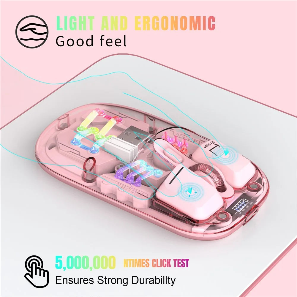 HXSJ T200 Wireless Bluetooth-compatible Mouse LED Rechargeable 2 Modes (Bluetooth-compatible + 2.4Ghz) Clear Ergonomic Mice - Pink - 2