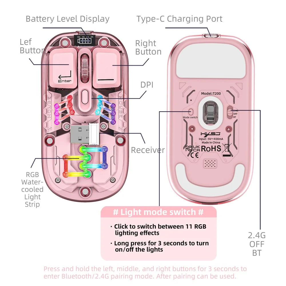 HXSJ T200 Wireless Bluetooth-compatible Mouse LED Rechargeable 2 Modes (Bluetooth-compatible + 2.4Ghz) Clear Ergonomic Mice - Pink - 4