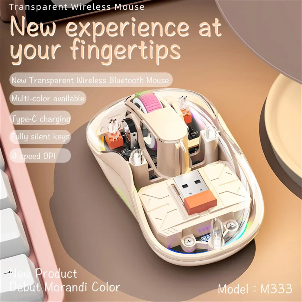 M333 Wireless Transparent Mouse with Colorful Light Bluetooth-compatible Silent Mice Tri-Mode Connectivity (CE Certified) - Milk Tea Color - 2