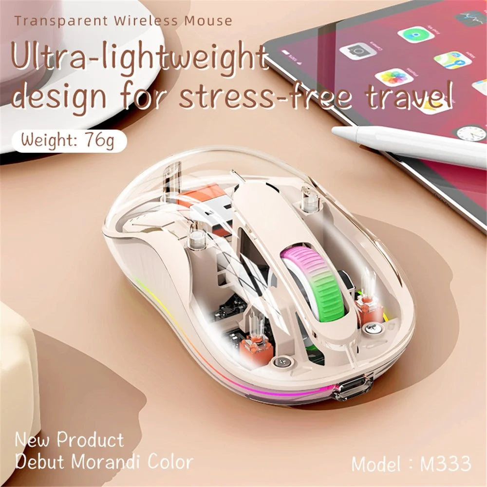 M333 Wireless Transparent Mouse with Colorful Light Bluetooth-compatible Silent Mice Tri-Mode Connectivity (CE Certified) - Milk Tea Color - 3