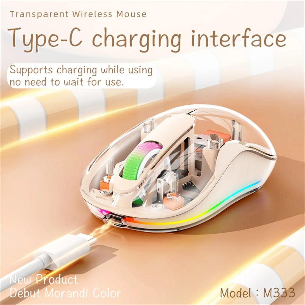 M333 Wireless Transparent Mouse with Colorful Light Bluetooth-compatible Silent Mice Tri-Mode Connectivity (CE Certified) - Milk Tea Color - 4