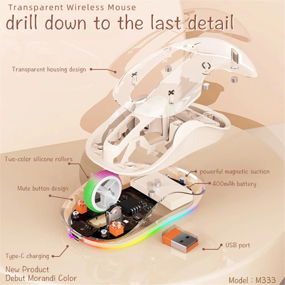 M333 Wireless Transparent Mouse with Colorful Light Bluetooth-compatible Silent Mice Tri-Mode Connectivity (CE Certified) - Milk Tea Color - 5