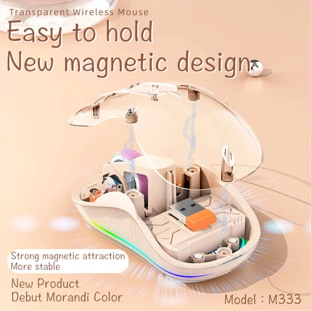 M333 Wireless Transparent Mouse with Colorful Light Bluetooth-compatible Silent Mice Tri-Mode Connectivity (CE Certified) - Milk Tea Color - 6