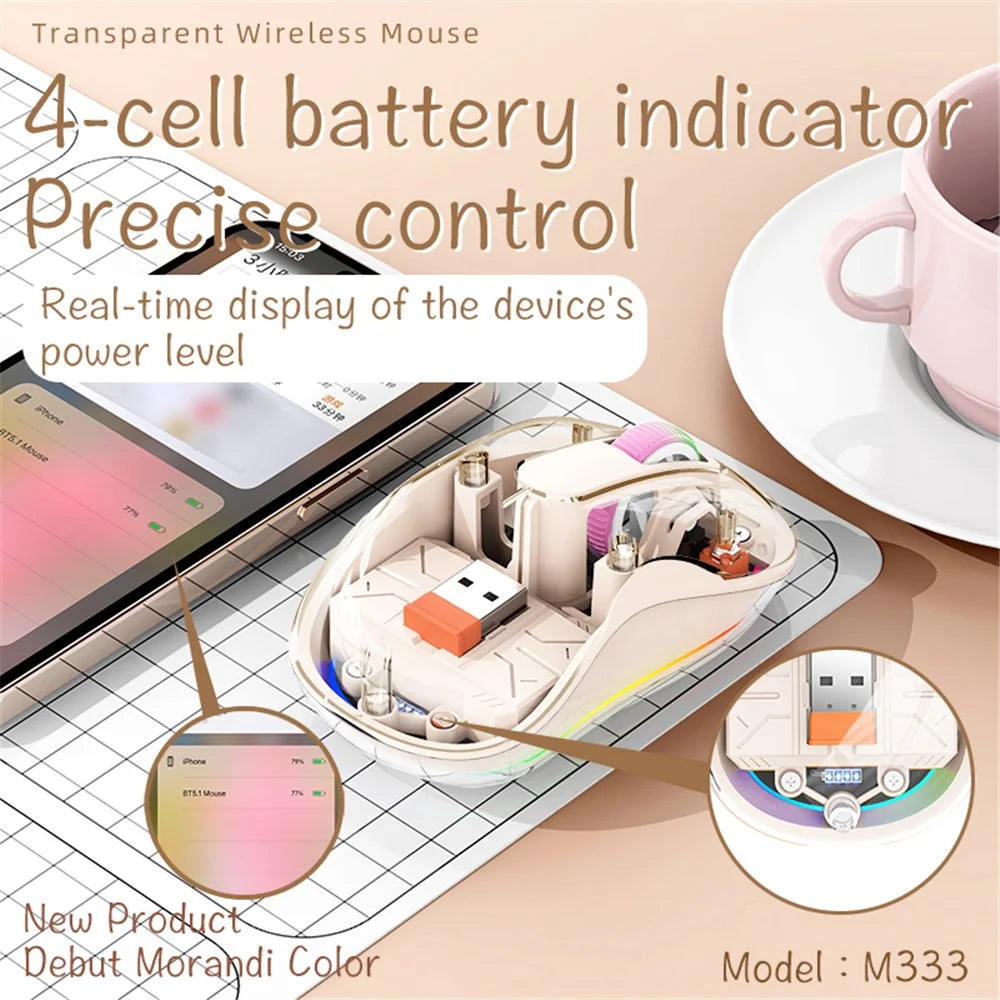 M333 Wireless Transparent Mouse with Colorful Light Bluetooth-compatible Silent Mice Tri-Mode Connectivity (CE Certified) - Milk Tea Color - 7