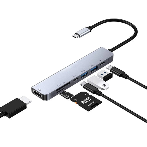 W65331 Type-C to HD PD USB Ports Card Reader HUB Adapter 7-in-1 Multi-function HUB Expander - Blue - 1