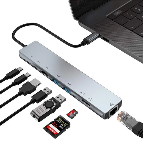 WC7367 8 in 1 USB-C HUB Multi-function SD / TF Card Reader HD RJ45 USB PD Type-C Docking Station Converter - 1