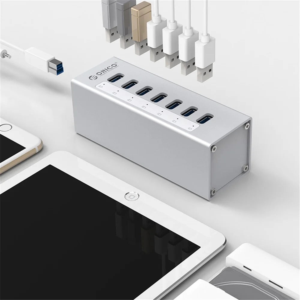 ORICO A3H7-SV Aluminum Alloy 7 Port USB3.0 Hub - Silver/EU Plug - 6