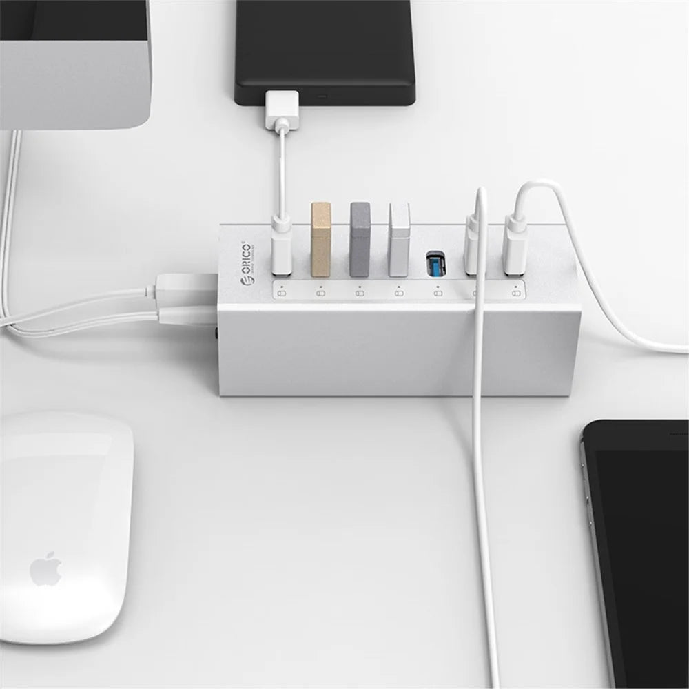 ORICO A3H7-SV Aluminum Alloy 7 Port USB3.0 Hub - Silver/EU Plug - 7