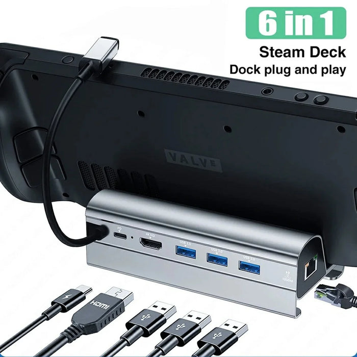 HC-86A For Steam Deck 6-in-1 Dock Station TV Base Game Console Stand USB Hub RJ45 Ethernet HD USB3.0 Type-C Adapter - 2