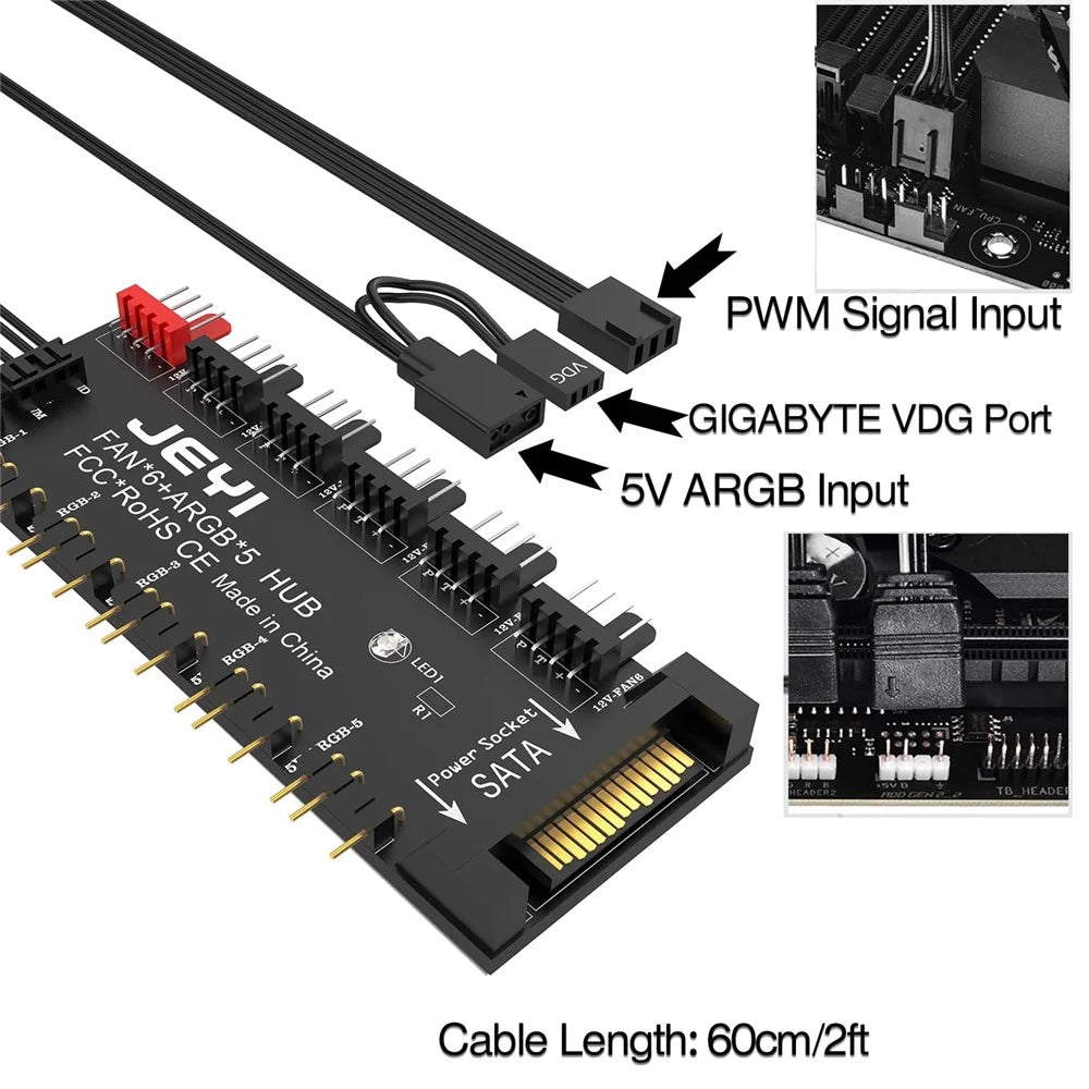 JEYI PC Motherboard 4-Pin PWM Hub Temperature Control Speed Adjustable Fan SATA Powered - 3