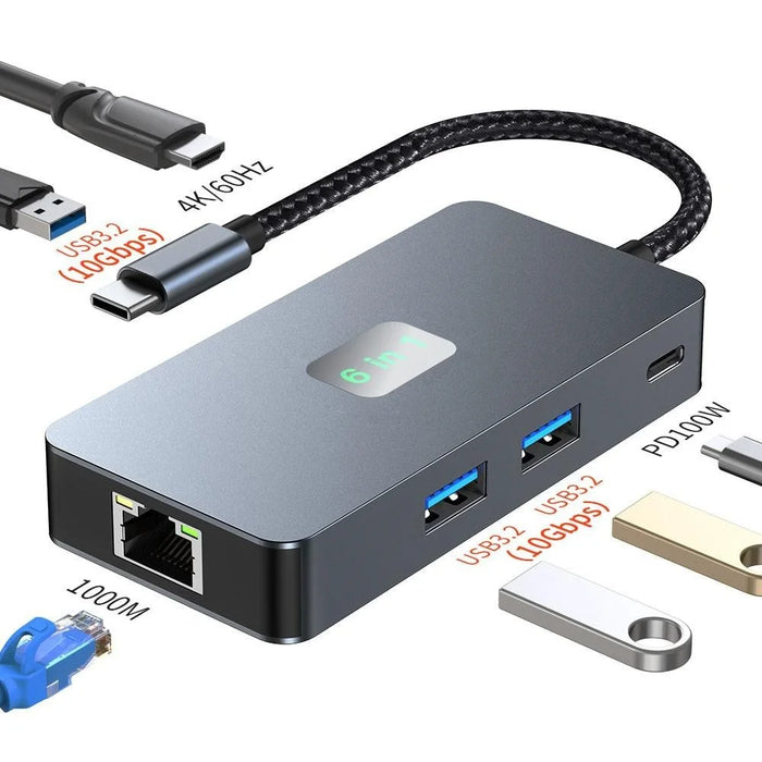 2308 6-in-1 USB Hub Type-C to RJ45 Gigabit + USB3.2x3 + 4K 60Hz HD + PD 100W Type-C Adapter - 2