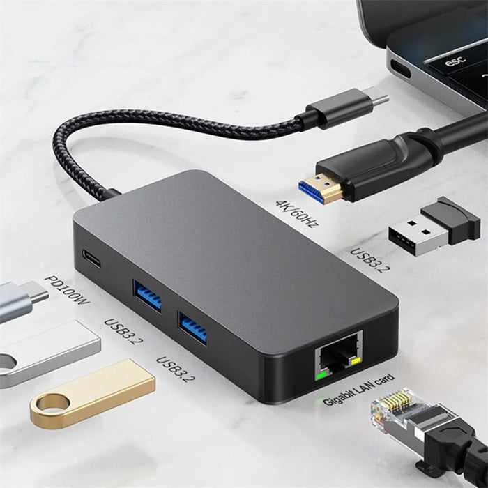 2308 6-in-1 USB Hub Type-C to RJ45 Gigabit + USB3.2x3 + 4K 60Hz HD + PD 100W Type-C Adapter - 3