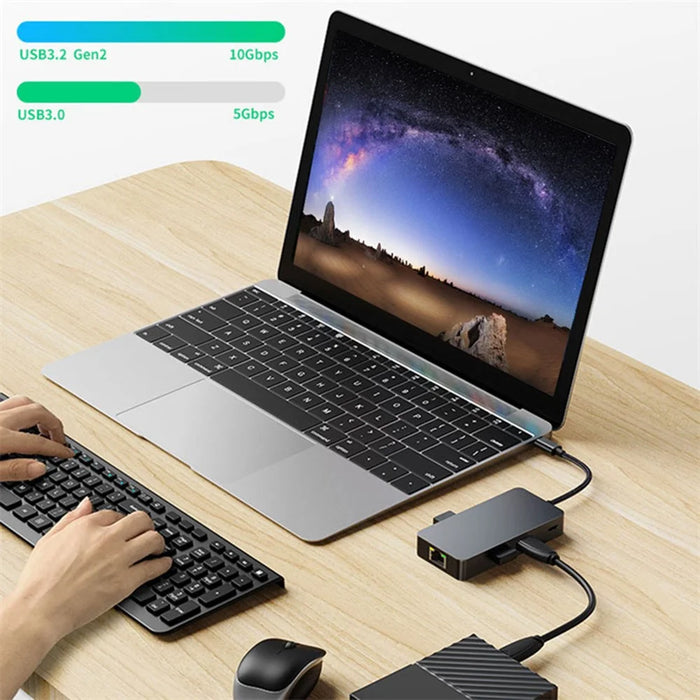2308 6-in-1 USB Hub Type-C to RJ45 Gigabit + USB3.2x3 + 4K 60Hz HD + PD 100W Type-C Adapter - 4