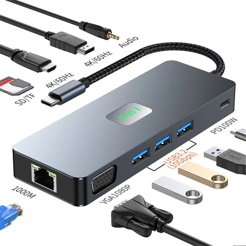 2309 Type-C to 11-Port USB Hub 4K 60Hz HD Screen Mirroring Gigabit Ethernet Adapter Laptop Tablet Docking Station - 1