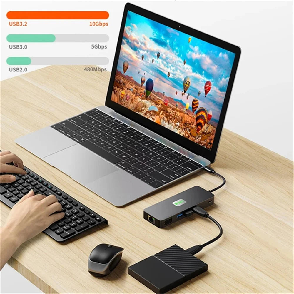 2309 Type-C to 11-Port USB Hub 4K 60Hz HD Screen Mirroring Gigabit Ethernet Adapter Laptop Tablet Docking Station - 3