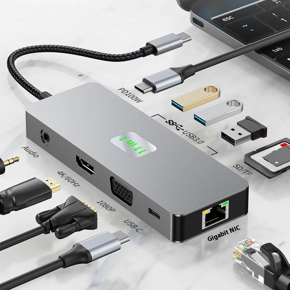 2411 Type-C Hub with 3xUSB 3.0+HD+VGA+2xCard Reader+PD 100W+RJ45 Ethernet+3.5mm AUX+USB-C - 4