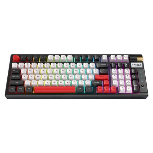 T-WOLF T70 Bluetooth-compatible / Wired / 2.4G Wireless Keyboard RGB Backlit 97-Key Mechanical Keyboard - Black+Red - 1