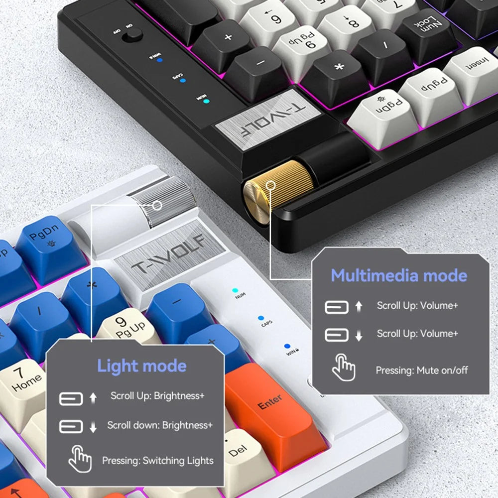T-WOLF T70 Bluetooth-compatible / Wired / 2.4G Wireless Keyboard RGB Backlit 97-Key Mechanical Keyboard - Black+Red - 2